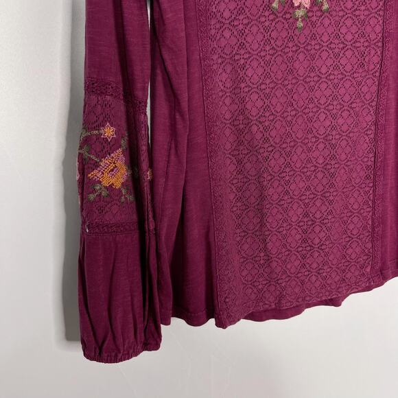 New Style & Co M Merlot Boho Remix Floral Lace Panel Inset Long Sleeve Blouse - Picture 3 of 10